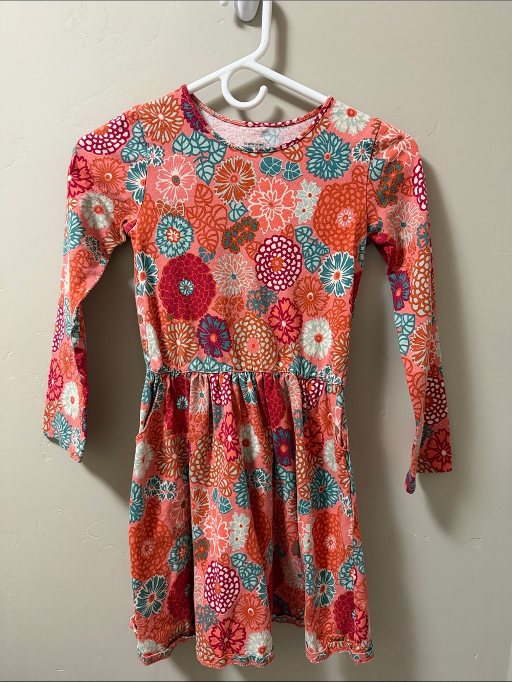 Garnet Hill Coral Teal Pink Floral Long-Sleeve Knit Dress